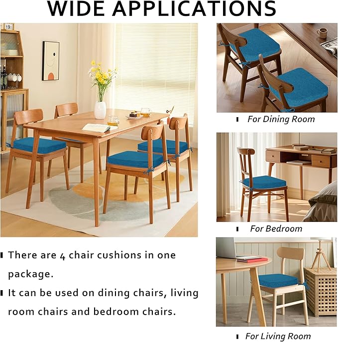 ELFJOY Chair Cushions for Dining Chairs Kitchen Chair Cushions U Shape Non Slip Chair Pads Set of 4 Seat Cushions with Ties Indoor 16.7" x 16" Blue