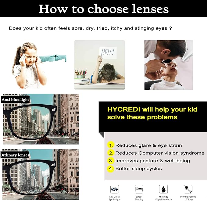 Hycredi Kids Blue Light Blocking Glasses，Anti Eyestrain & UV Protection, Computer Gaming TV Phone Glasses for Boys Girls