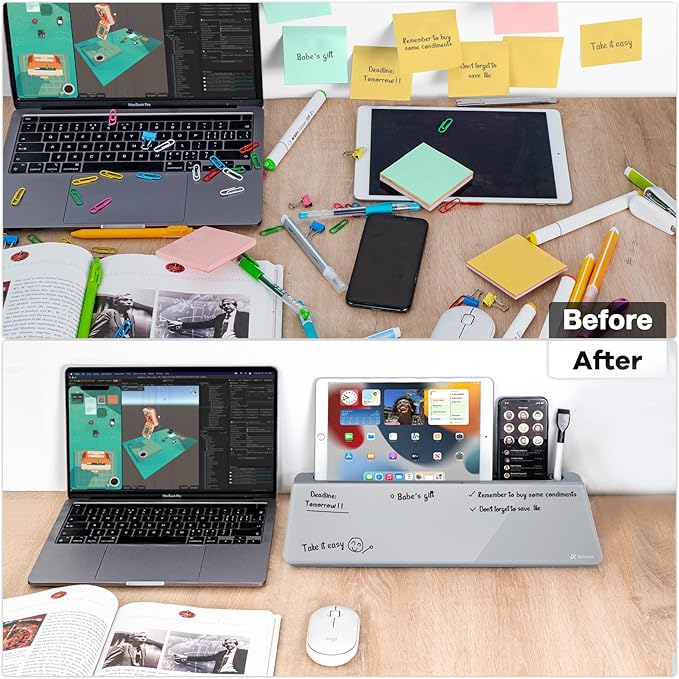 Varhomax Glass Desk Whiteboard with Storage, Desktop Organizer to-do List Memo Notepad Dry Erase White Board for Home Office and School Supplies (GrayBoard)