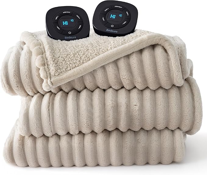 Bedsure Electric Blanket Queen Size - Thick Striped Flannel Electric Blanket with Dual Control, Heating with 10 Heat Settings & 10 Time Settings, 8 hrs Timer Auto Shut Off (84x90 inches, Linen)