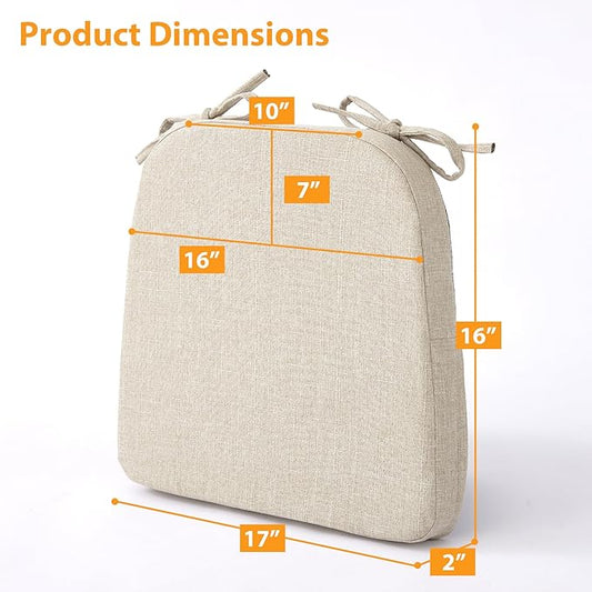 Chair Cushions for Dining Chairs, 2" Thick Seat Cushions for Kitchen Chairs, D-Shaped Chair Pads with Washable Cover, Ties and Non Slip Backing, 17'' x 16'', Set of 2, Beige