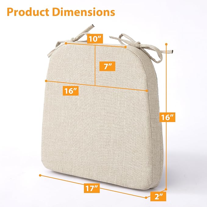 Chair Cushions for Dining Chairs, 2" Thick Seat Cushions for Kitchen Chairs, D-Shaped Chair Pads with Washable Cover, Ties and Non Slip Backing, 17'' x 16'', Set of 6, Beige