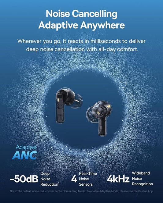 Baseus Bass BP1 Pro Noise Cancelling Wireless Earbuds, Real-Time Adaptive Noise Cancelling, Adaptive Active EQ, LDAC Hi-Res Sound, 6-Mic AI Clear Calls, 55H Playtime, IP55 Waterproof, Bluetooth 6.0