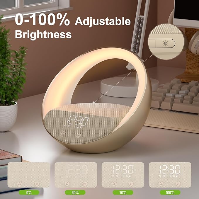 Bluetooth Alarm Clock, Sunrise Simulation Wake Up Night Light, 15W Fast Wireless Charging Alarm Clock for Bedroom, 10W Bluetooth Stereo Sound Speaker, USB Charger Port
