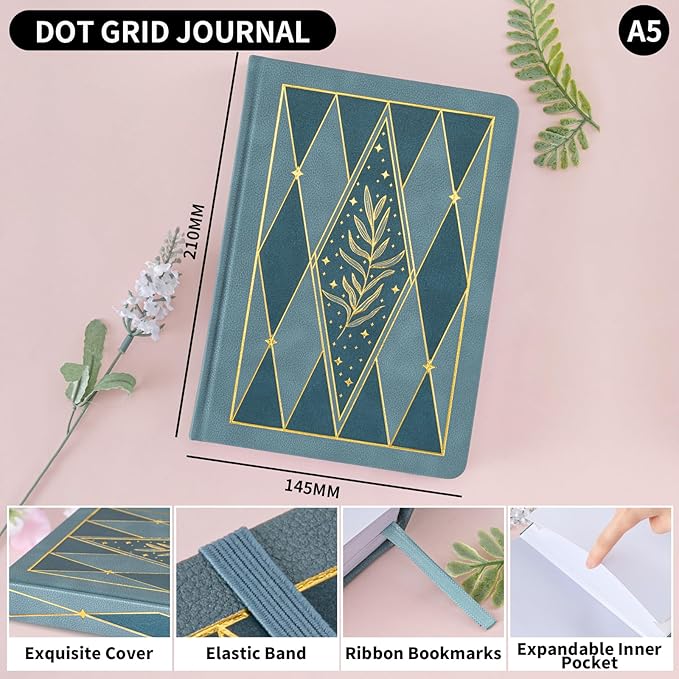 Dot Grid Journal with 160GSM Thick Paper, 192 Pages, A5 Dotted Notebook for Work, School, Travel | 180° Lay Flat, Foil Stamped Cover, Elastic Band, 2 Bookmarks & Inner Pocket,Dark Green