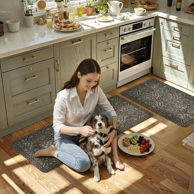 KIMODE Anti Fatigue Kitchen Mats 20"x47"+20"x32", Boho Vintage Kitchen Rugs Sets of 2, Non Slip Waterproof Kitchen Floor Mats, Memory Foam Kitchen Mat for Sink, Laundry, Desk Green/Grey