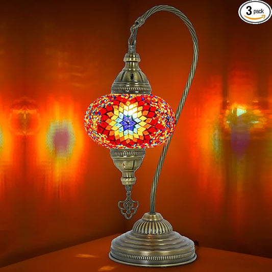 mozaist Mosaic Tiffany Style Swan Neck Table Lamp, Turkish Colorful Handmade Vintage Bedside Corner Decorative Lighting, Gooseneck Farmhouse Nightstand with E12 Socket & US Plug (Fire Ball)