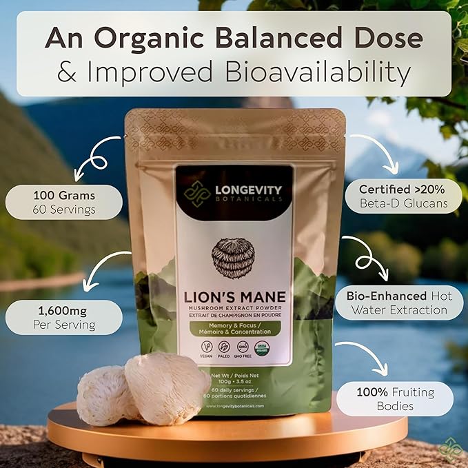 Longevity Botanicals Organic Lion’s Mane Mushroom Extract Powder 100g | Concentrated 8:1 Ratio | 100% Fruiting Bodies | Hericium Erinaceus Nootropic Supplement for Focus, Memory & Brain Support