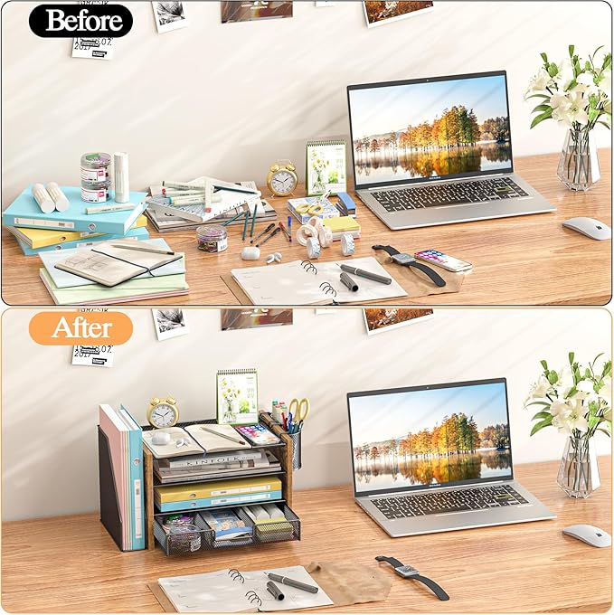 Wooden Desk Organizers and Accessories with File Holder, 4-Tier Paper File Organizer with Drawer & 2 Pen Holders, Office Desk Accessories, Desktop Organizer and Storage for Home Office