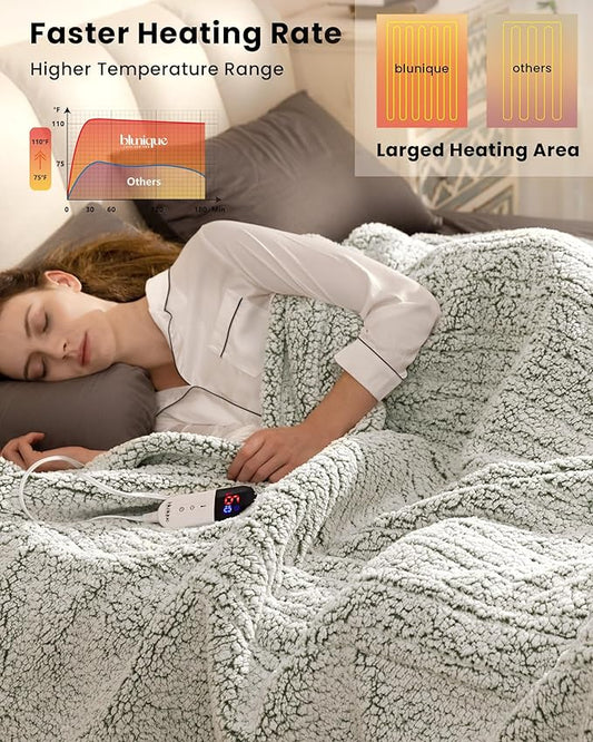 Electric Blanket King 90 x 100 Inches, Double-Sided Sherpa, Soft & Cozy Thick Heated Blanket with 6 Heat Settings, 1-10 Hour Auto Off, Machine Washable, Ideal for Couch, Sofa, Bed, Office, Light Sage