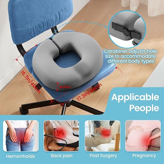 Benazcap Donut Pillow Seat Cushion for Tailbone Pain Relief, Memory Foam Hemorrhoid Pillow by Ergonomic for Coccyx, Sciatica, Pregnancy, Postpartum-Grey