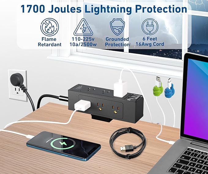 Desk Clamp Power Strip with USB C (20W PD) & USB A, 9 AC Outlets, Surge Protector, Flat Plug, 6.5ft Extension Cord – Desk Mount Power Station with Cable Management Kit for Home & Office – Black