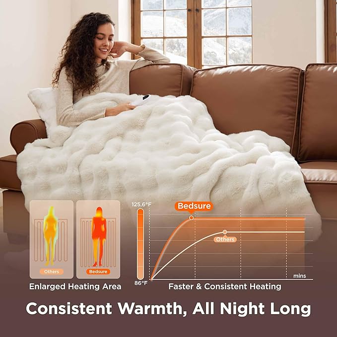 Bedsure Fluffy Bubble Faux Fur Heated Blanket Throw - Super Soft Electric Blanket, Heating with 6 Heating Levels, 4 Time Settings, 3-Hour Auto-Off, Decor Gifts for Home, White, 50x60 inches