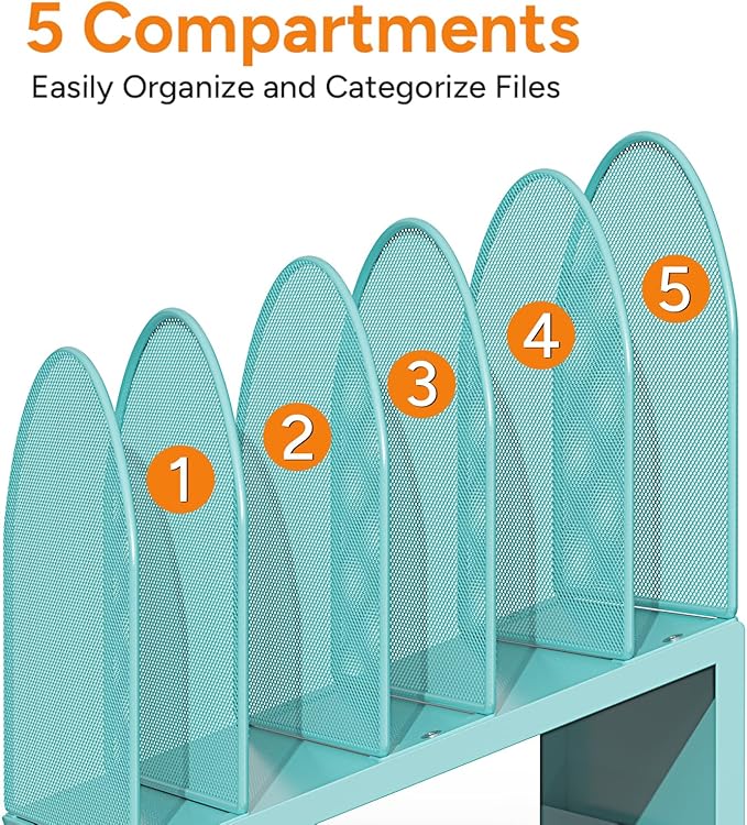 5-Section Desk File Organizer, Metal Mesh Folder Organizer for Documents, Mail & Office Papers (Blue)