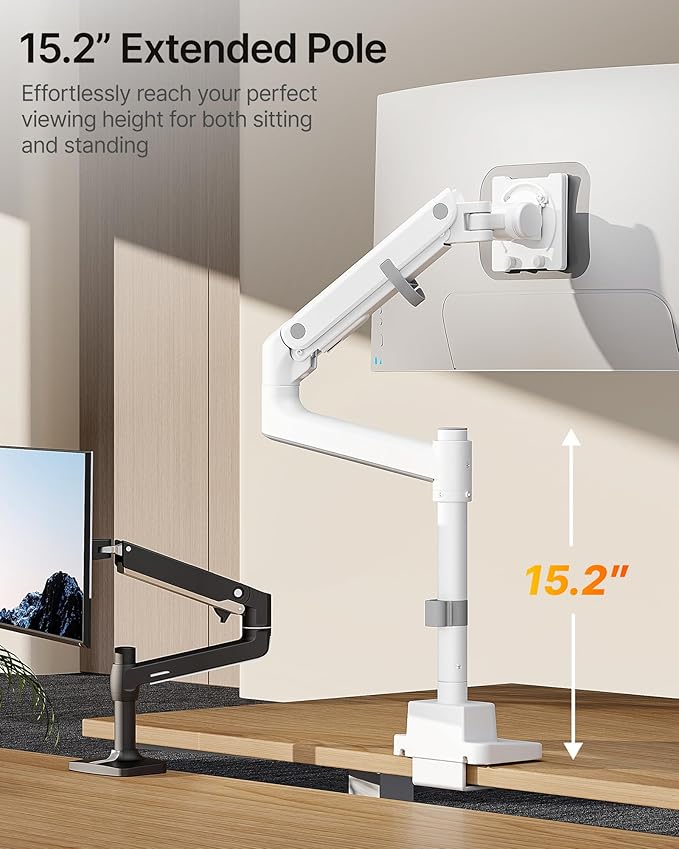 monTEK 17-57 Inch Ultrawide Monitor Arm for Up to 59.4lbs Screens, Aluminum Heavy-Duty Gas Spring Single Curved Screen Adjustable Monitor Stand,75/100mm Vesa Mount, White