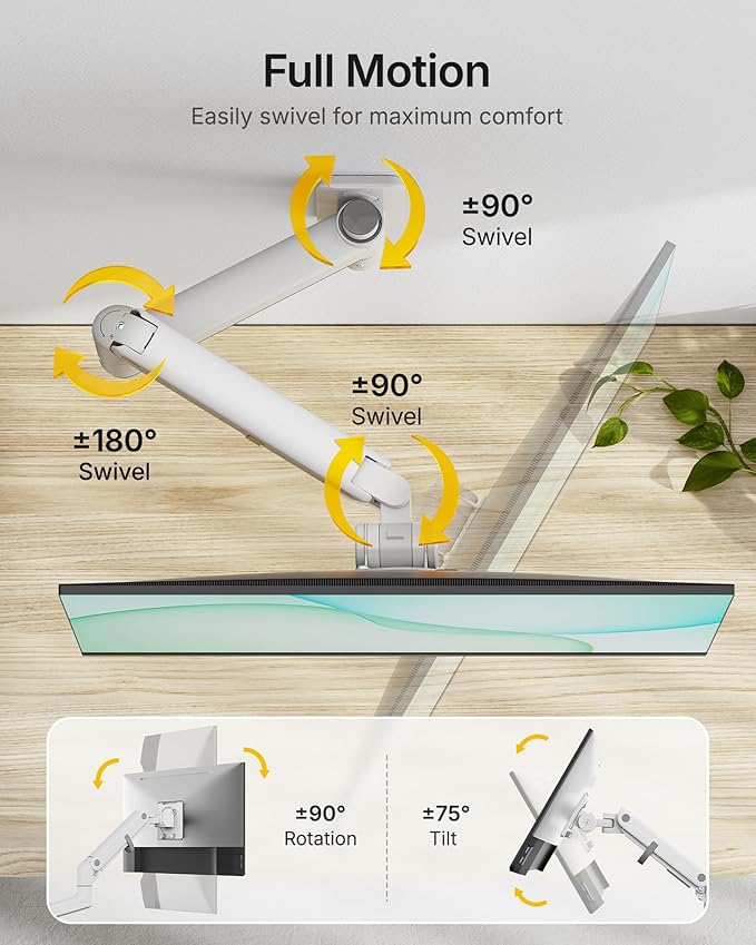 monTEK 17-49 inch Single Monitor Wall Mount for up to 44 lbs Ultrawide Screen, Premium Aluminum Heavy Duty Monitor Arm with Adjustable Gas Spring Arm, 75x75/100x100 VESA Mount, White