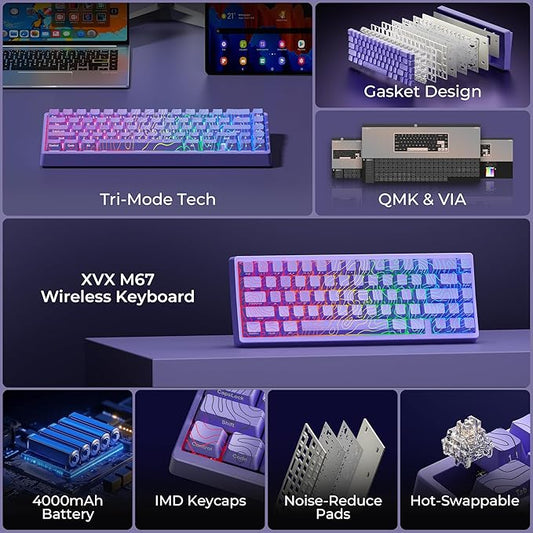 HITIME x XVX M67 60% Percent Keyboard Wireless, QMK/VIA Topographic Gaming Keyboard, Tri-Mode Thocky Creamy Mechanical Key Board, Hot Swappable Mount RGB IMD Tech for Win/Mac, Purple