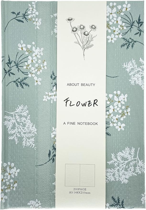 Floral Hardcover Notebook, Flower Journal for women, A5, 200 Pages, 6x8 Medium Lined Notebook, Floret Printed Fabric Cloth Journal, Similar Embroidered Linen Journal, Garden Journal, Green.