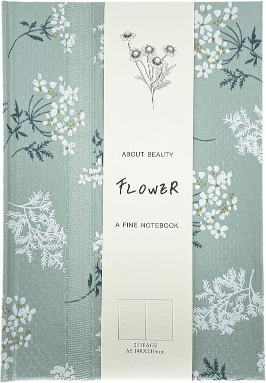 Floral Hardcover Notebook, Flower Journal for women, A5, 200 Pages, 6x8 Medium Lined Notebook, Floret Printed Fabric Cloth Journal, Similar Embroidered Linen Journal, Garden Journal, Green.