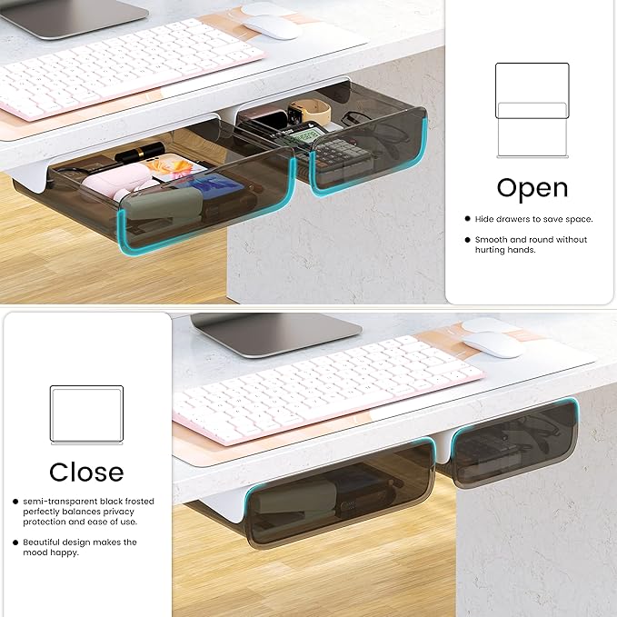 2 Pack Acrylic Self Adhesive Under Desk Drawer Slide Pull Out, Stick on Attachable Clear Black Plastic Storage Organizer, Hanging Mounted Attachment for Office, Kitchen, Cabinet, Table, Counter