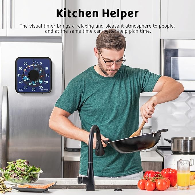 Secura 7.5-Inch Astronaut Pattern Visual Timer for Kids, 60-Minute Countdown Timer for Classroom or Kitchen, Durable Mechanical Timer Clock with Magnetic Backing (Black)