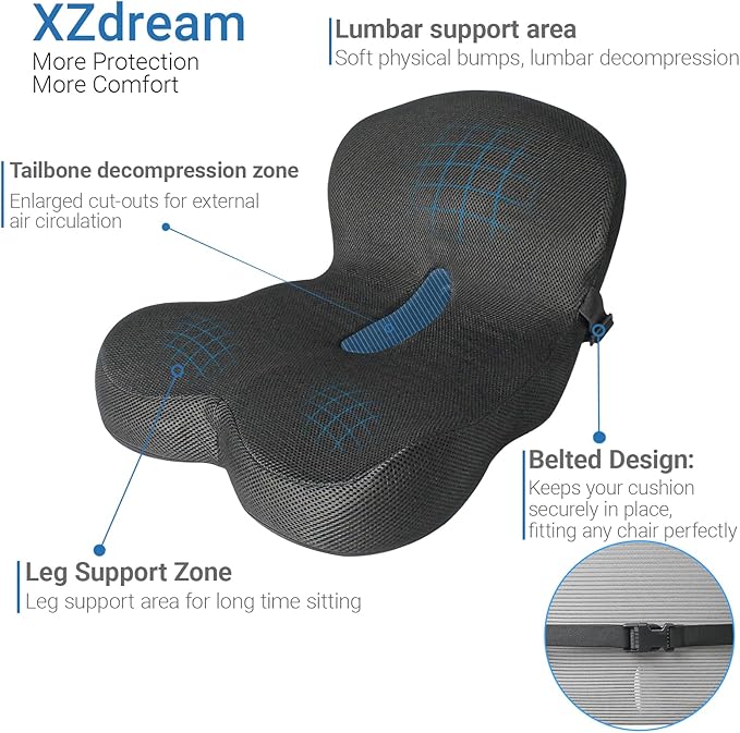 Memory Foam Seat Cushion,Office Chair Cushion with Lumbar Support for Back Pressure Relief, Car Seat Cushion with Adjustable Strap,Sciatica Pad Cushions for Car,Truck (Black+Mesh Cloth)