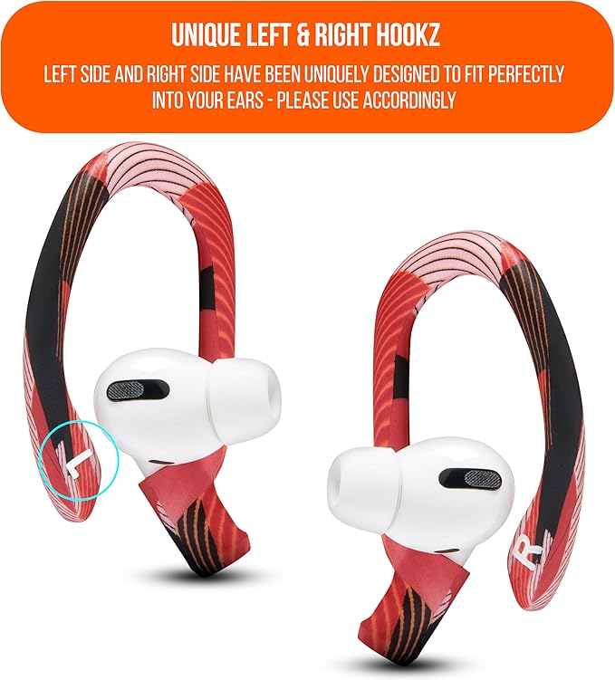 WC HookZ - Patented Upgraded Over Ear Hooks for AirPods Pro 1, 2 & AirPods 1, 2 & 3- Two Size Pairs Included in Package, Unique Left & Right Hook, Made by Wicked Cushions | Red Prism