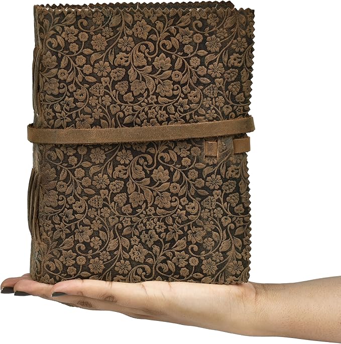 LEATHER VILLAGE Leather Bound Floral Embossed Journal for Women Men - 200 Pages, 13X8 Inches, Brown - Book of Shadows, Vintage Blank Paper Travel Diary, Notebook for Writing, Drawing, Sketchbook