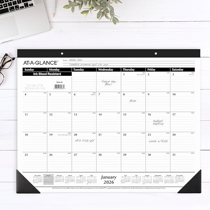 AT-A-GLANCE 2026 Desk Calendar, Desk Pad, Monthly, 21-3/4" x 17", Large, Ruled Blocks, 3 Pack (AZSK240026)