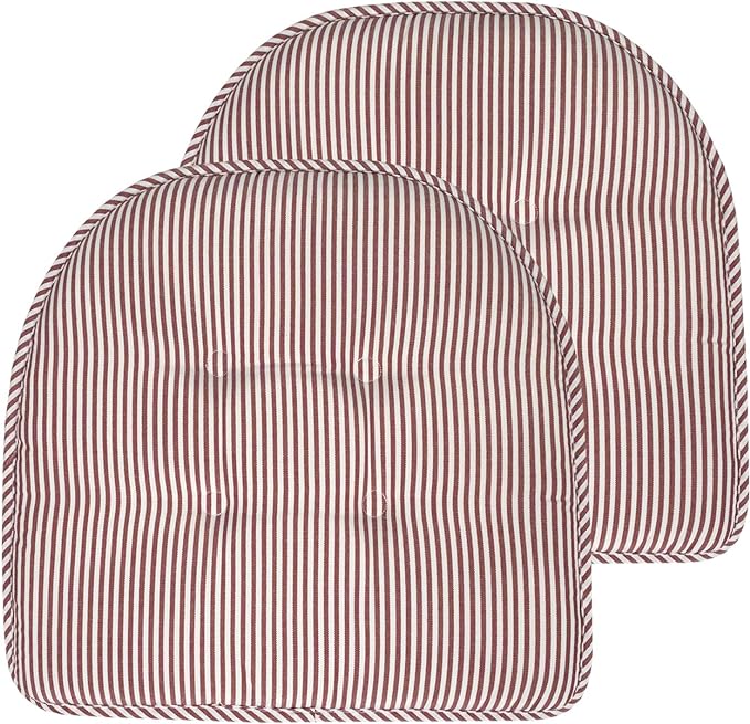 Sweet Home Collection Chair Cushion Memory Foam Pads Tufted Slip Non Skid Rubber Back U-Shaped 17" x 16" Seat Cover, 2 Count (Pack of 1), Pinstripe Burgundy