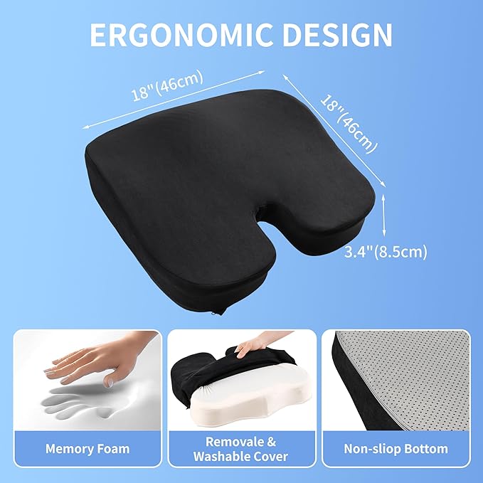 Seat Cushion for Office Chair, Gel & Memory Foam Chair Cushion, Sciatica & Coccyx Pain Relief Cushion for Long Sitting Office Workers, Car Drivers