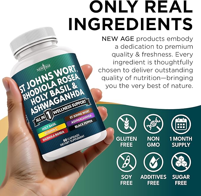 NEW AGE St Johns Wort, Rhodiola Rosea, Holy Basil, Ashwagandha - Support for Women and Men with Vitamin C & Black Pepper Extract - 60 Count