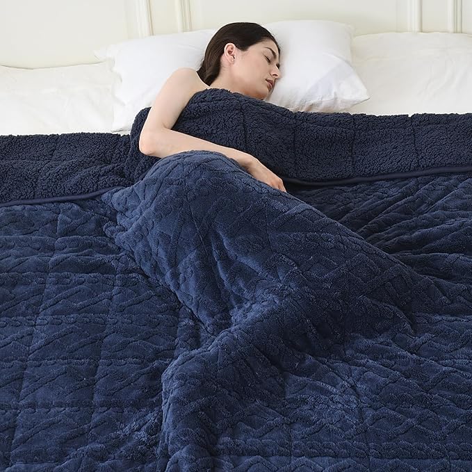 Topblan Weighted Blanket Twin Size 12 lbs, Soft Weighted Blanket with Doubled-Sized Shaggy Sherpa, Jacquard Knitted Warm Weighted Blankets Throw for Better Sleep, Navy Blue, 48 x 72 inches