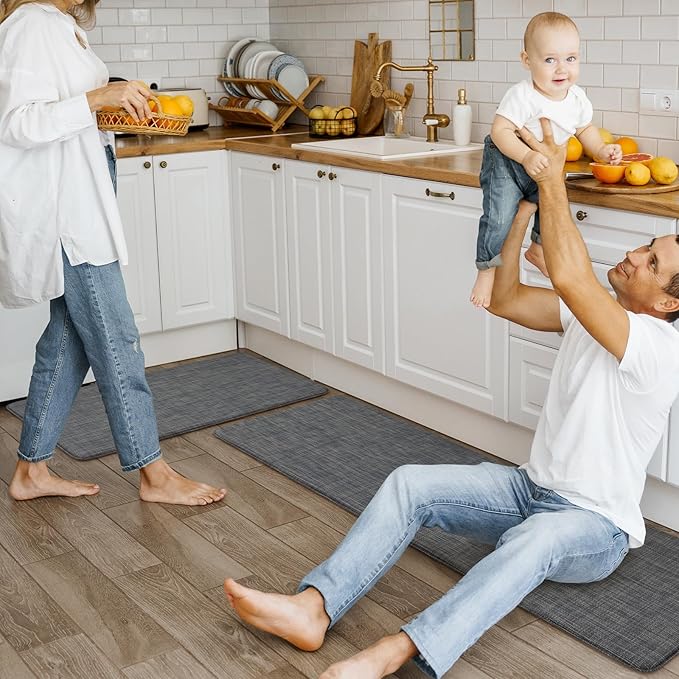 KIMODE Anti Fatigue Kitchen Mats 17"x47"+17"x29", Farmhouse Kitchen Rugs Sets of 2, Cushioned Non Skid Kitchen Mats for Floor, Comfort Kitchen Floor Mats for Sink Laundry Desk Dark Blue