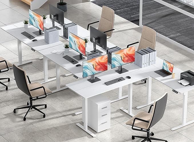 55 x 24 inch Electric Standing Desk Adjustable Height with 4 Wheels, 4 Memory Height Settings, 2 Headphone Hook, for Home Office, Splice Board White