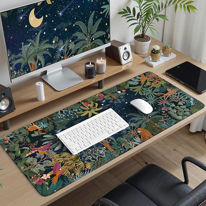 iCasso Midnight Jungle Mouse Pad, Desk Pad Mat, Desk Matt for Desktop, XXL Large Anti-Slip Big Mousepad with Stitched Edges, Keyboard Pad Mouse Mat for Computer(Night)