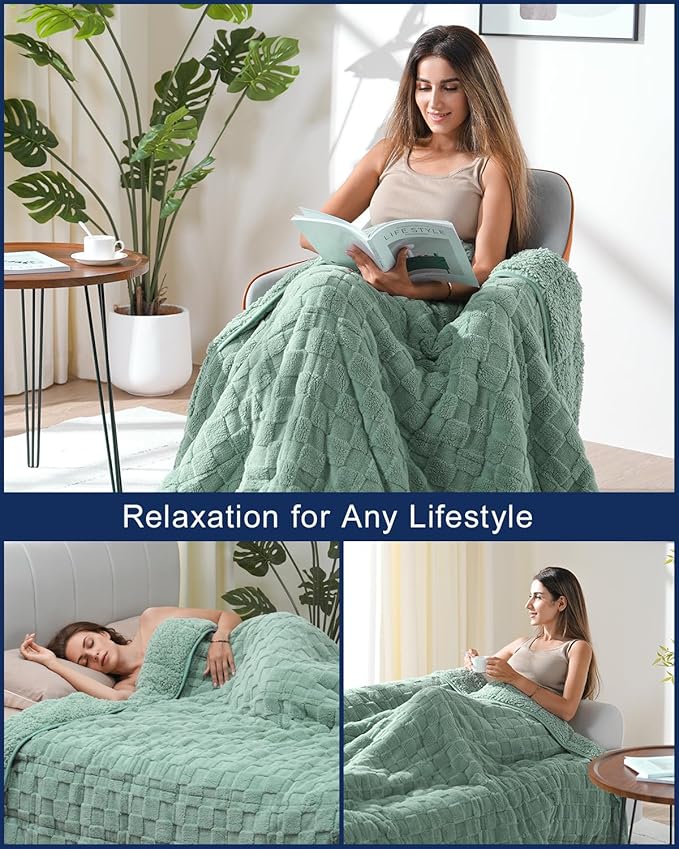 Kivik Weighted Blanket for Adult, 15 lbs Checkered Throw Blankets, Soft Dual Sided Heavy Fleece Checkerboard Blanket for Couch Sofa Bed, Twin Size 48 x 72 Inches, Sage Green