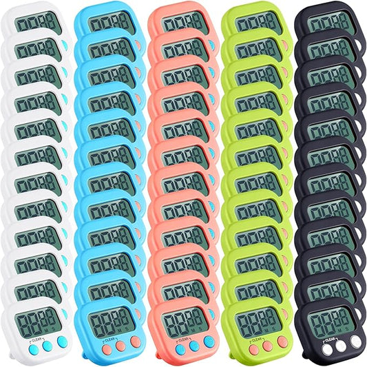Xuhal 50 Pieces Digital Kitchen Timer Bulk, Small Magnetic Timers for Classroom, Digits Stopwatch Clock Timer for Cooking Baking Sports Games Office, Not Including Battery (Multicolor)