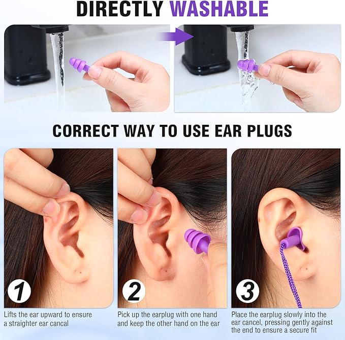 Tondiamo 200 Pairs Ear Plugs Reusable Silicone Earplugs with Cord Sleeping Individually Wrapped Hearing Protection Noise Cancelling Earplugs for Work Construction Shooting Sports(Purple)