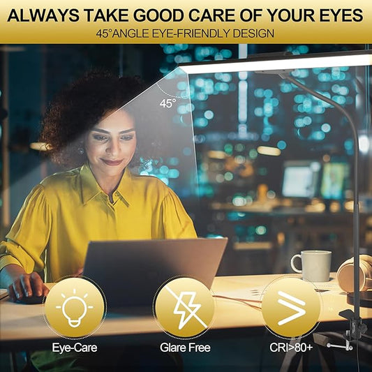 litren Desk Lamps for Home Office Desk Light with Clamp Eye-Caring 3 Colors 10 Brightness Dimmable Swing Arm Clip on Office Desk Lighting for Studying Working Painting Reading Sewing Crafting-Black