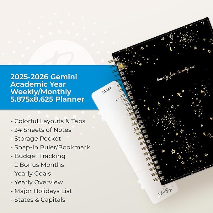 Blue Sky 2025-2026 Weekly and Monthly Academic Year Planner Calendar, July 2025 - June 2026, 5.8" x 8.6", Flexible Cover, Wirebound, Laminated Tabs, Storage Pocket, Gemini