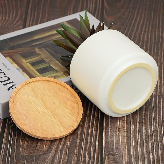 Hopewood Artificial Succulents in Pot, Fake Potted Pineapple Succulents Plants with Ceramic Pot and Wooden Tray, Potted Artificial Plants for Home, Office Desk and Bathroom Decor 6.8inch×4.3inch