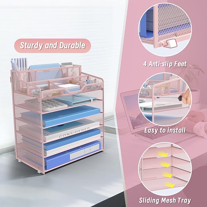 6 Tier Mesh Desk Organizer,Multi Functional Letter Paper Tray with 3 Pen Holders and 5 Adjustable Storage Compartments for Office Supplies Files and Mail Space Saving Desktop Organizer-Pink