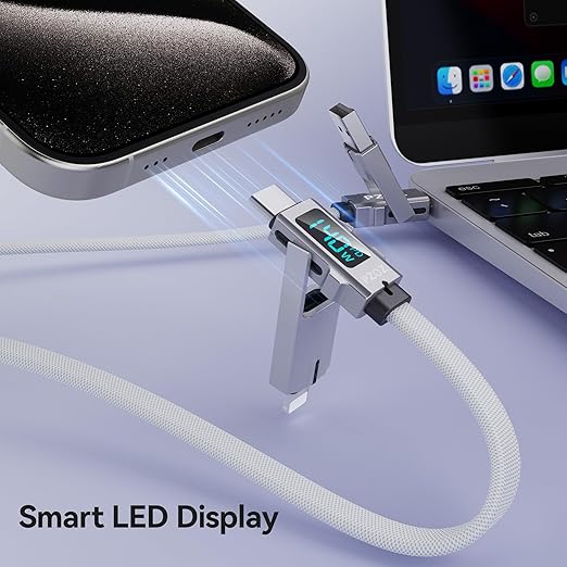 pzoz 4-in-1 USB C Fast Charging Cable with LED Display, Multi USBC Charger Combo Lightning/Type C/USB A Metal Ports for iPhone 17/16/15/14 Pro Max iPad MacBook AirPods Pro Samsung Google (140W, 5 ft)