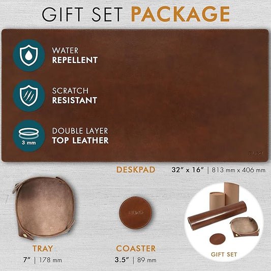 Elizo Leather Desk Mat Desk Pad Blotter Set - Real Full-Grain Leather (32x16) 2-Layer Genuine Desk Cover Protector & Large Mouse Pad | Computer Keyboard Desk Accessories for Office & Home