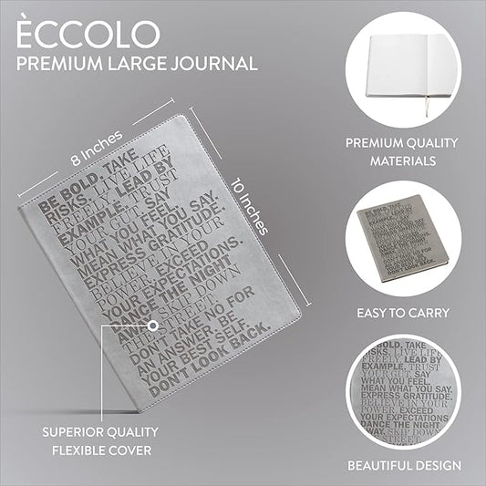 Eccolo Large Lined Journal Notebook, Flexible Cover, Writing Journal, 256 Ruled Ivory Pages, Ribbon Bookmark, Lay Flat, Desk Size for Work or School, Size Large, Be Bold - Gray