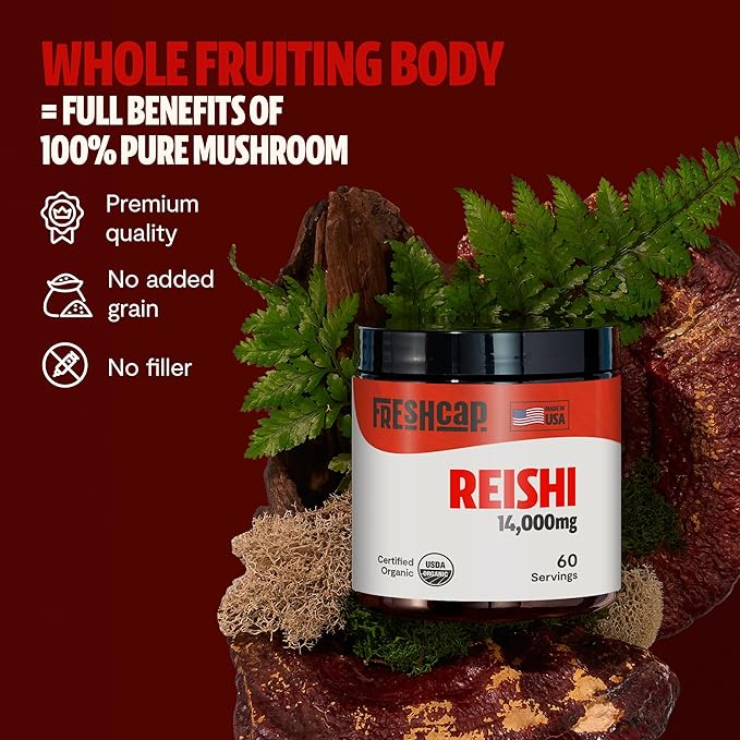 FreshCap Mushrooms Reishi Mushroom Powder 14,000mg - Organic Mushroom Extract Supplement Powder, Ayurveda Nootropic Red Reishi Supplement Blend (60 Servings)