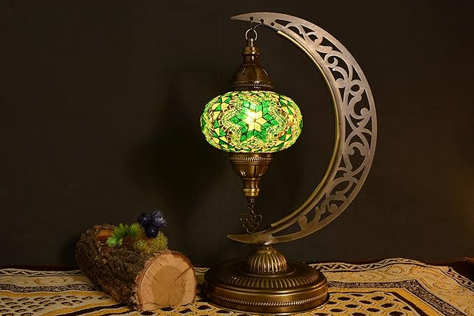mozaist Turkish Mosaic Moon Shape Table Lamp, Moroccan Crescent Vintage Handmade Desk Light, Country Living Room, Kitchen Island Decorative Lighting, Authentic Bohemian Bedside Dim Nightstand (Green)