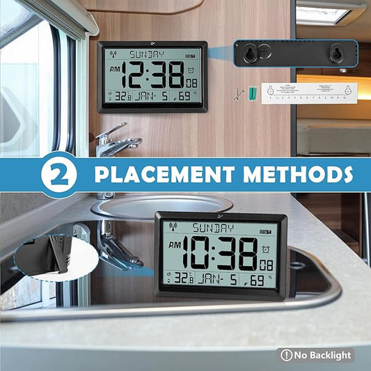 SZELAM Atomic Clock,10.5"Large Display Digital Wall Clock Battery Operated,Digital Calendar Auto Setting Desk Clocks with Indoor Temperature,Humidity,Date,Day,Auto DST for Elderly Bedroom-No backlight