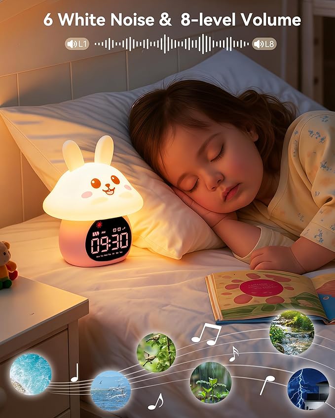 Yiliaw Sleep Training Alarm Clock with Night Light for Kids - Ok to Wake Clock with Dual Alarms, Night Light & RGB Colors, 6 Alarm Tones & White Noise, Rechargeable Clock for Boys & Girls, Bunny